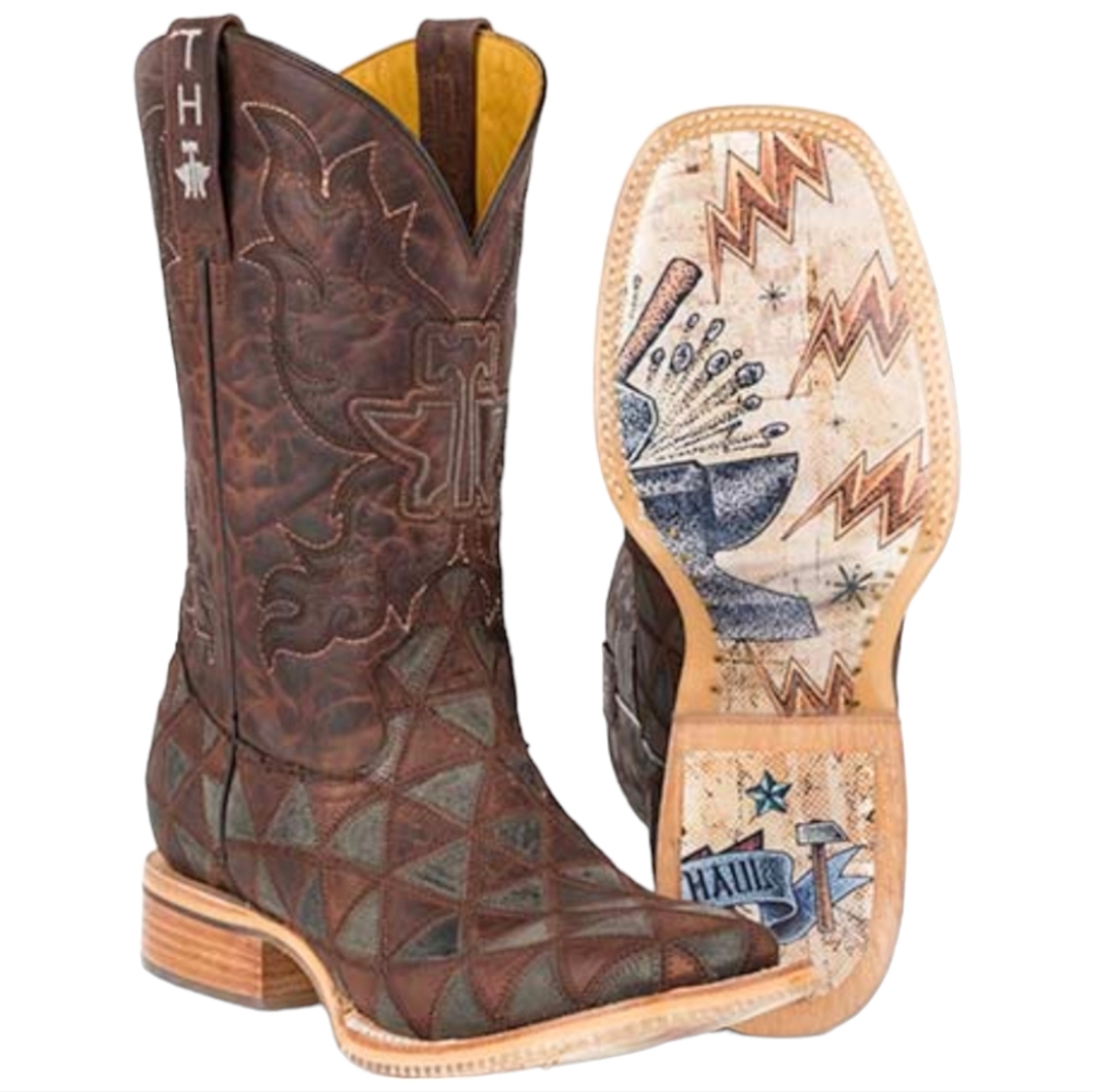 TIN HAUL "Triangles" brown/gray patchwork leather square toe cowboy boots 9D NWT
